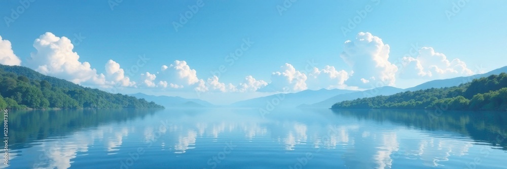 Fototapeta premium Gentle clouds drift across a serene lake surface, blue sky, peaceful landscape
