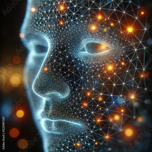 Close-up view of a stylized digital rendering of a human face, seemingly constructed from a network of interconnected glowing lines and nodes.
 photo