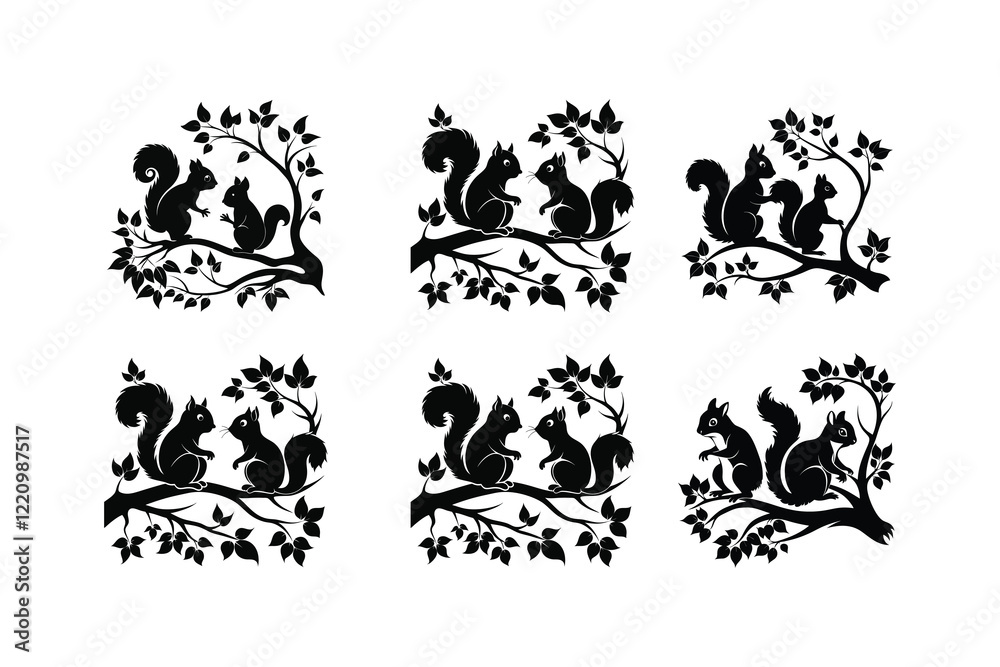 Black Silhouettes of Squirrels on a White Background Black Silhouettes of Squirrels on a White Background
