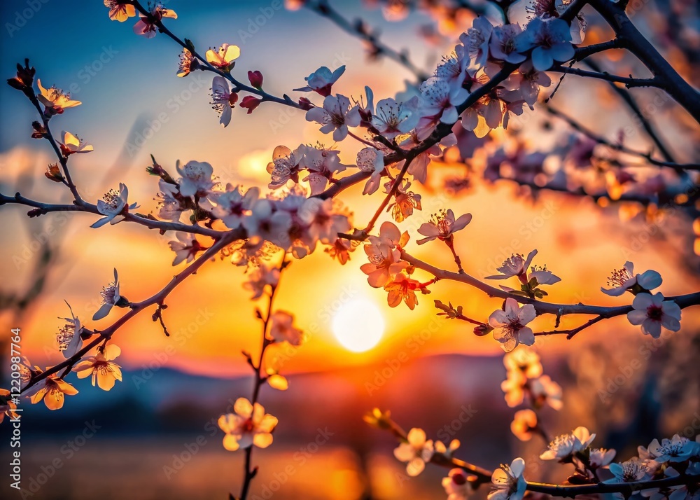 Silhouette of Branches with Spring Blossoms at Sunset - Spring Background Silhouette of Branches with Spring Blossoms at Sunset - Spring Background