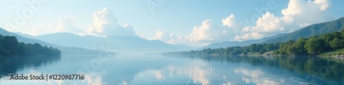 Gentle clouds drift across a serene lake surface, natural scenery, calm atmosphere