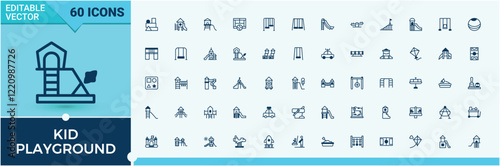 Kid Playground linear icon collection. Containing app, rope, ground, playing, pool, ball, silhouette and more. Minimal icons. Solid line editable stroke. Vector line and solid icons.