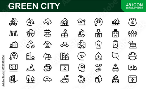 Eco Green City Icon Set. Minimalist Line Icons for Sustainability, Smart Cities, and Environmental Conservation Projects