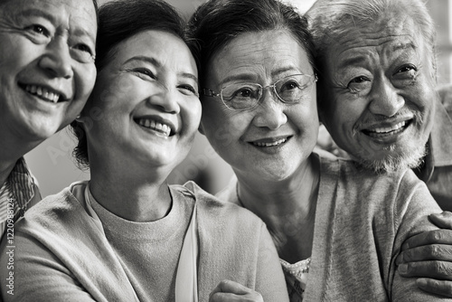 portrait of group of happy senior asian people two couples smiling