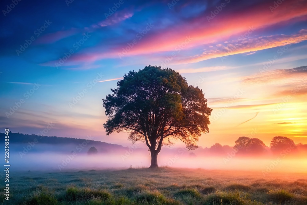 Obraz premium Misty Morning Landscape: Serene Fog Rolling Over Hillside at Dawn