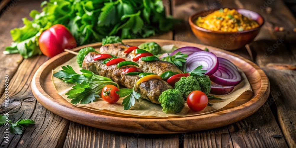 Savory Grilled Meat Skewers with Vibrant Vegetable Garnish on Rustic Wooden Plate Savory Grilled Meat Skewers with Vibrant Vegetable Garnish on Rustic Wooden Plate