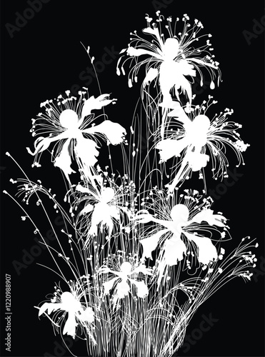 illustration with white large flowers bunch isolated on whiteillustration with large flowers silhouettes isolated on black photo