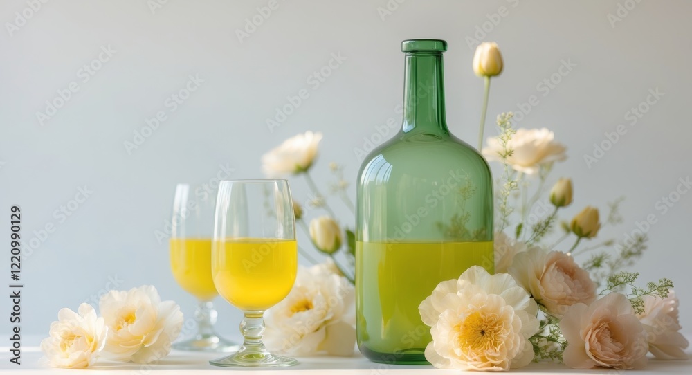 Green glass bottle with two glasses filled with yellow liquid and flowers. Green glass bottle with two glasses filled with yellow liquid and flowers.