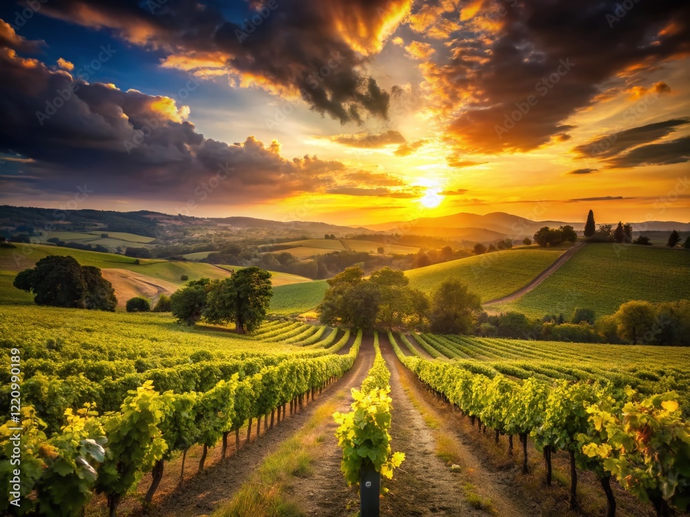 Fototapeta premium Silhouette of French Vineyard at Sunset, Dramatic Landscape Photography