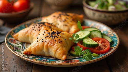 A serving of golden-brown samsa topped with black sesame seeds photo