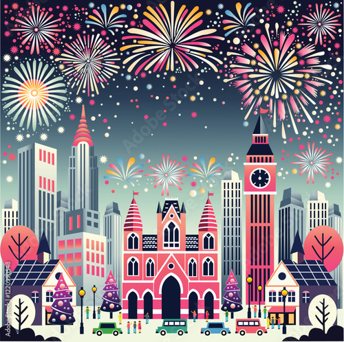 Fireworks show at night in middle of the city