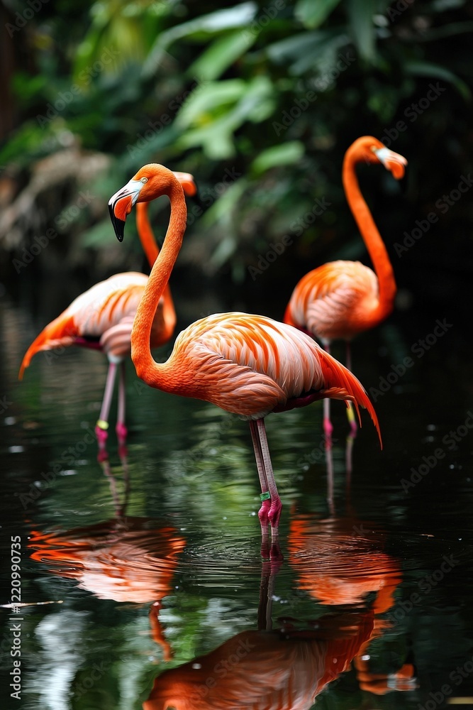 A group of flamingos standing gracefully in a shimmering lagoon, their pink reflections mirrored in the water A group of flamingos standing gracefully in a shimmering lagoon, their pink reflections mirrored in the water
