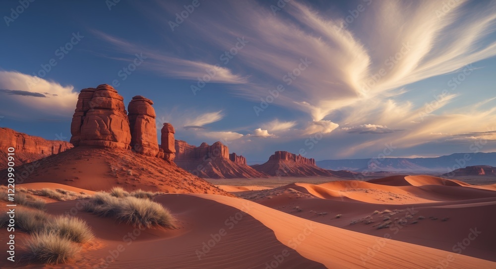 Naklejka premium Majestic Desert Landscape Featuring Red Rock Formations and Rolling Sand Dunes Under a Dramatic Sky Highlighted by Soft Cloud Coverage.