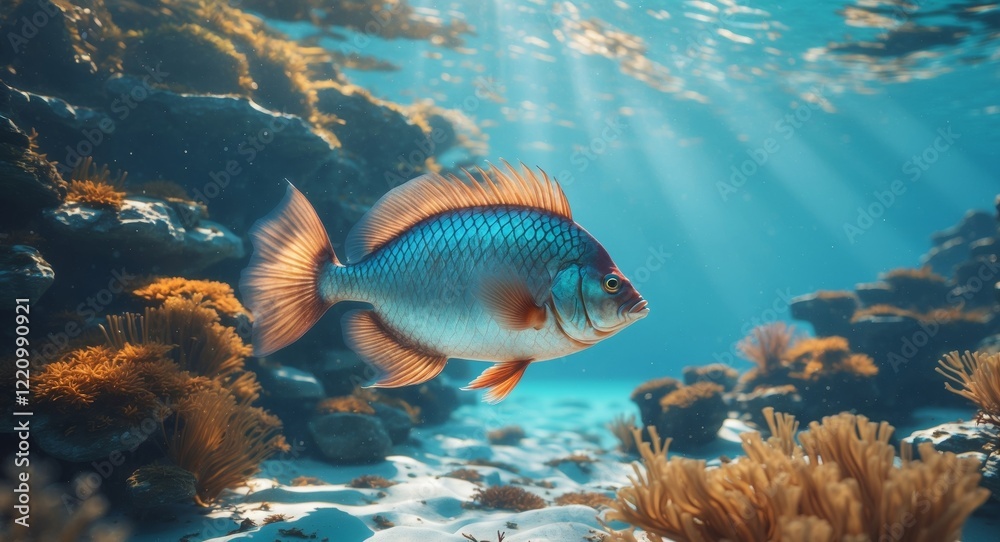 Naklejka premium Majestic Underwater Scene Featuring a Large Fish Swimming Among Vibrant Coral and Aquatic Vegetation in Clear Blue Ocean Waters with Sunlight Filtering Through.