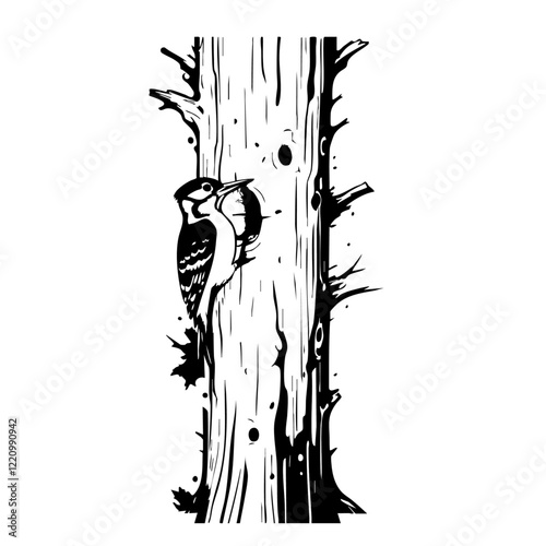 Woodpecker Clinging to a Tree Trunk