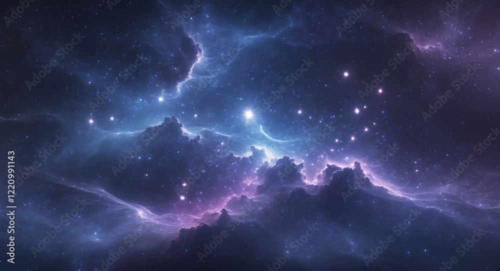 Obraz premium Mystic Blue Nebula with Glowing Star Clusters in Deep Cosmic Space Background