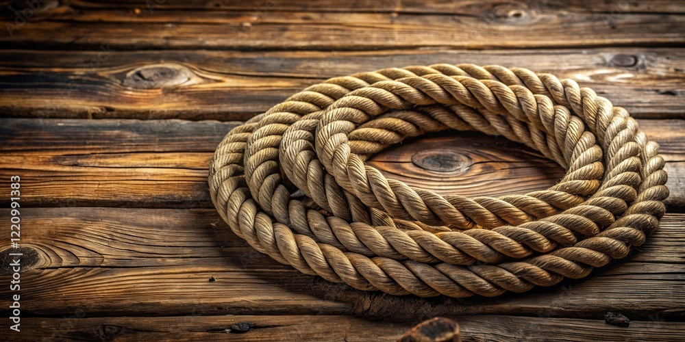 Obraz premium Thick nautical rope arranged in a circular pattern on a rustic wooden surface