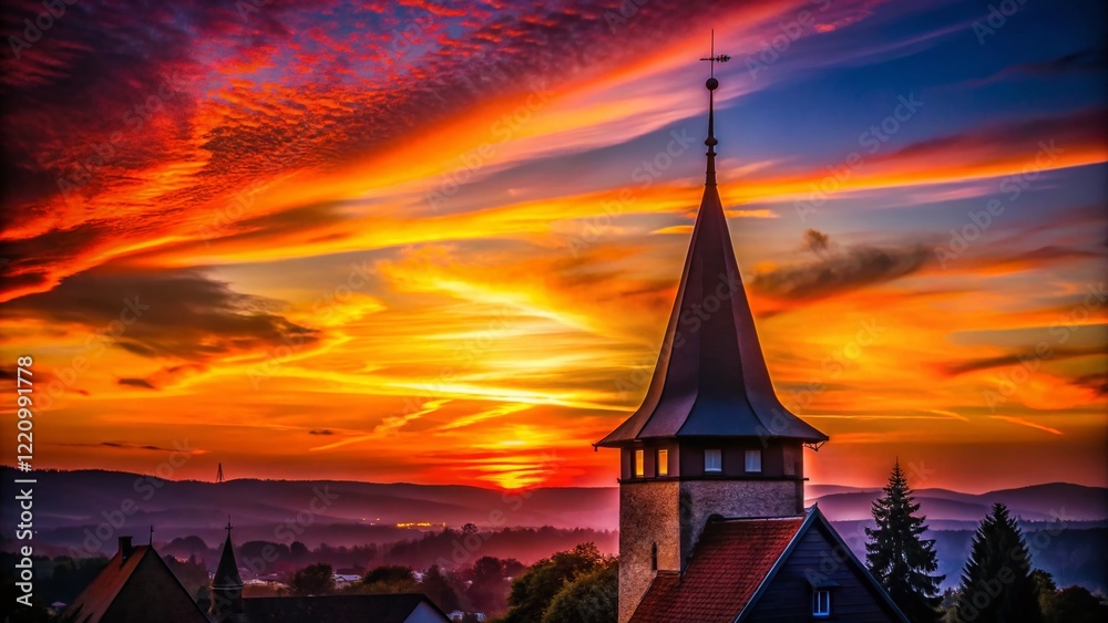 Obraz premium Silhouette of Obertorturm, Bad Camberg at Sunset - Dramatic German Castle