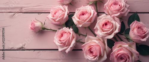 Fototapeta Naklejka Na Ścianę i Meble -  Pink roses arranged on a light pink wooden background creating a serene and elegant floral backdrop for various design projects