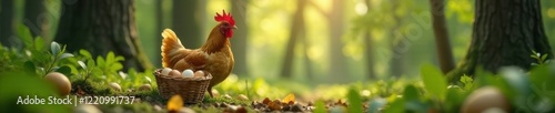 A chicken with a basket of eggs in the forest , tree, farm, wildlife photo