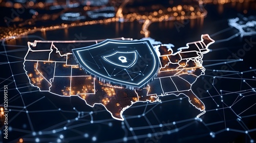 Futuristic digital depicting America s cybersecurity defense with a prominent cyber shield covering the national map and highlighting cities with secure encrypted data icons