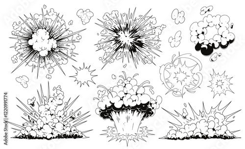 Dynamic explosion illustrations in black and white