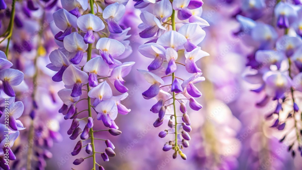 Fototapeta premium Close-up view of delicate, cascading wisteria blossoms in vibrant purple and lavender hues, showcasing their intricate details and graceful form