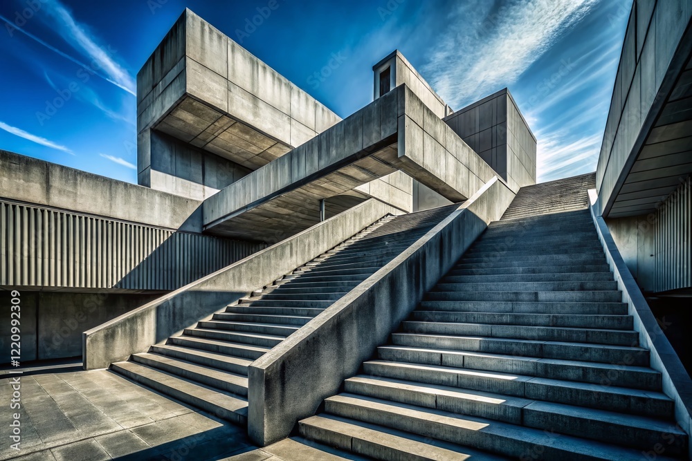 Fototapeta premium Monochrome Drone Shot: Angular Concrete Staircase in Brutalist Architecture