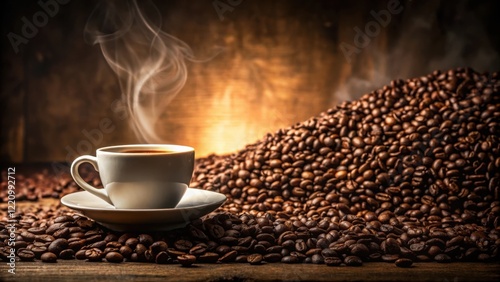 Aromatic Steam Rising from a Cup of Coffee Nestled Amongst a Bountiful Heap of Roasted Coffee Beans
