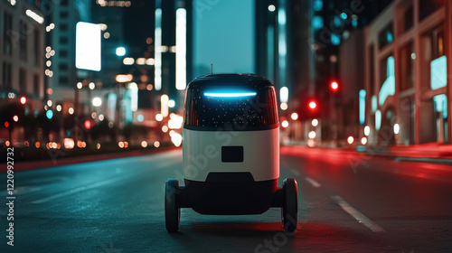 Autonomous delivery robot navigating a quiet urban street at night. photo