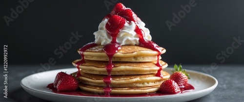 Stack of pancakes layered with whipped cream and strawberry sauce on a black background photo