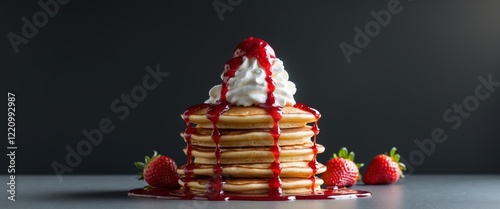 Stack of pancakes layered with whipped cream and strawberry sauce on a black background. photo