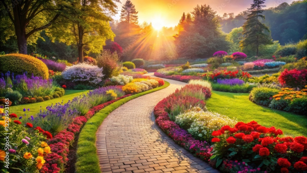 Obraz premium A Serene Brick Path Meanders Through a Vibrant, Sun-Drenched Garden Filled with Blossoming Flowers and Lush Greenery at Golden Hour