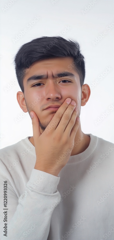 Concerned young man with a sore jaw expressing discomfort in a bright setting Concerned young man with a sore jaw expressing discomfort in a bright setting