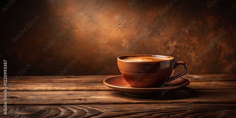 Obraz premium Aromatic Coffee in Earthy Brown Mug on Rustic Wooden Table
