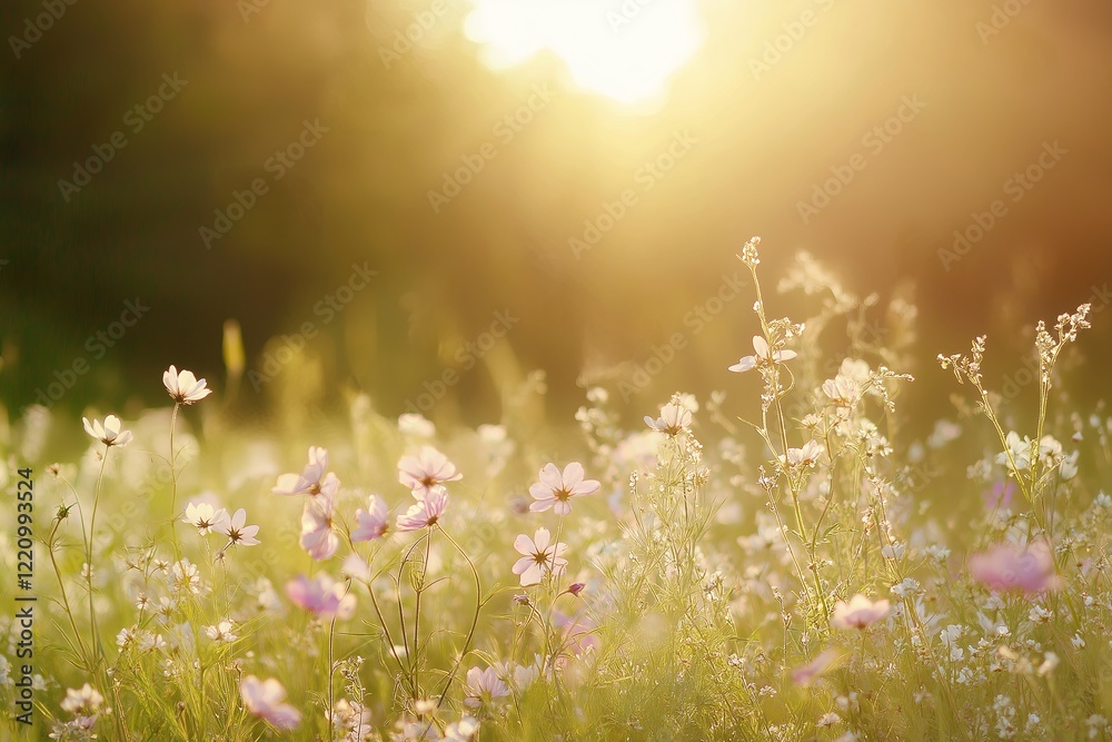 Fototapeta premium A blooming spring meadow with butterflies fluttering under the sun