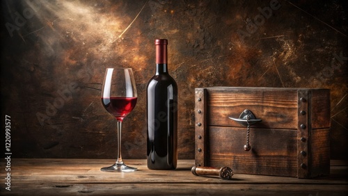 Aromatic Red Wine Bottle with Glass and Wooden Crate on Rustic Table