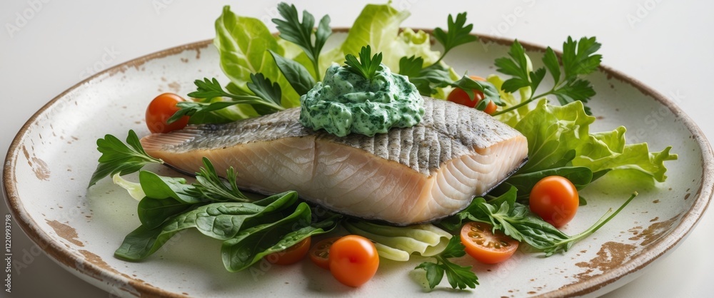 Trout fillet garnished with spinach cream served on a rustic plate with fresh vegetables and herbs Trout fillet garnished with spinach cream served on a rustic plate with fresh vegetables and herbs
