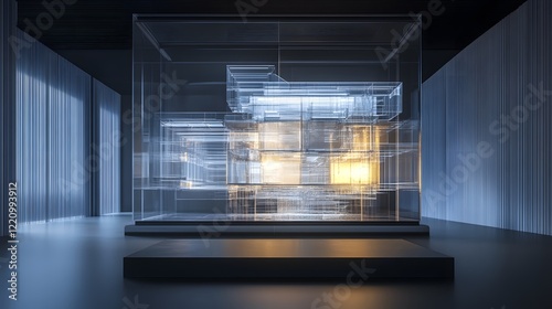 A transparent AI engine visualized as a crystalline machine with layers of logic unfolding like glowing blueprints, explaining its decisions to humans in a serene, high-tech environment, minimalist de