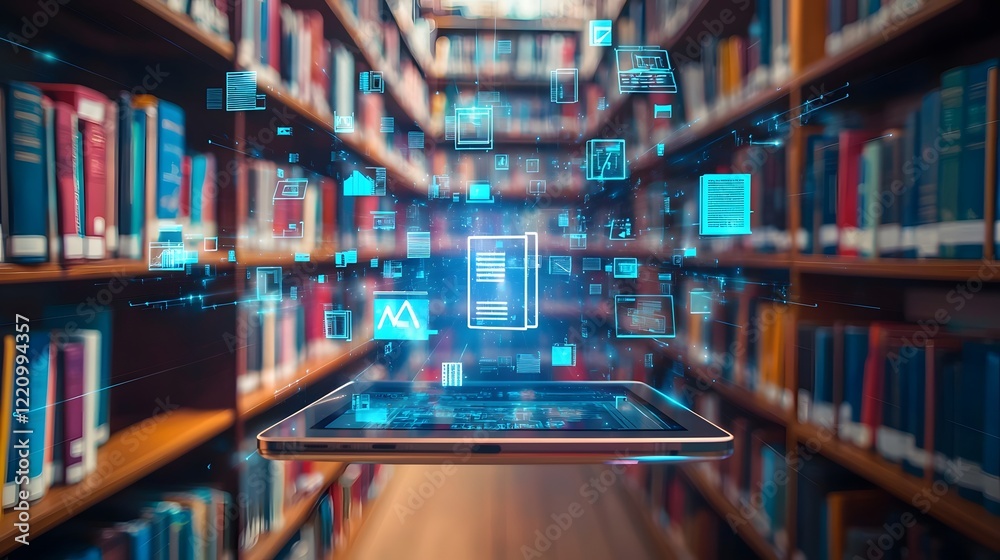 Naklejka premium Futuristic Digital Library with Floating Book Icons and Educational Tools