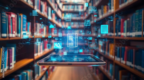 Futuristic Digital Library with Floating Book Icons and Educational Tools