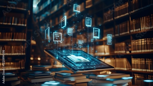 Digital Library with Floating Tablet Book Icons and Educational Technology Tools