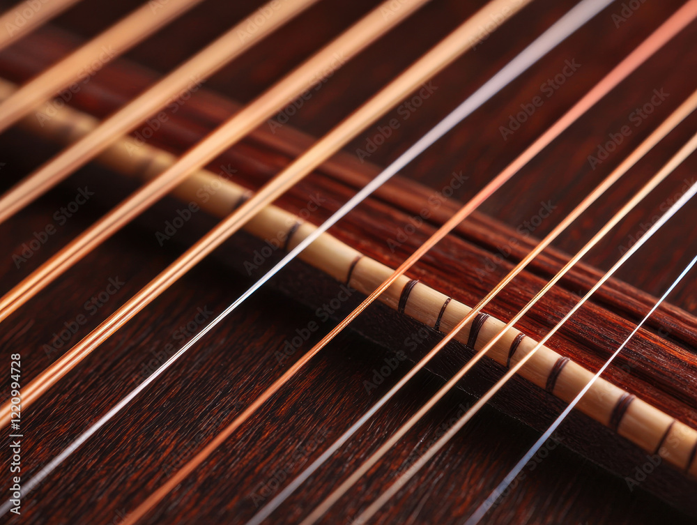 Close up of stringed musical instrument with intricate wooden details