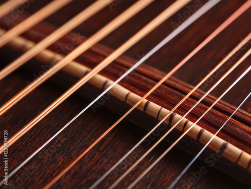 Close up of stringed musical instrument with intricate wooden details