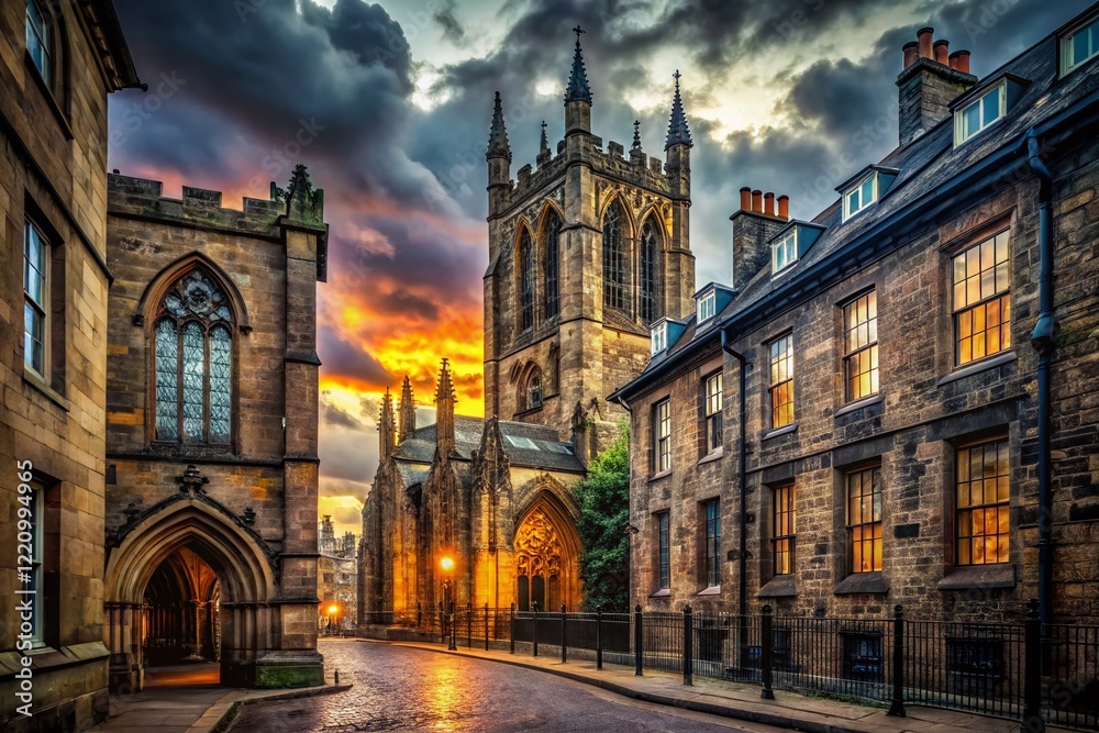 Fototapeta premium Newcastle Cathedral & Black Gate: Historic English Architecture, Dramatic Sky, Conceptual Photography