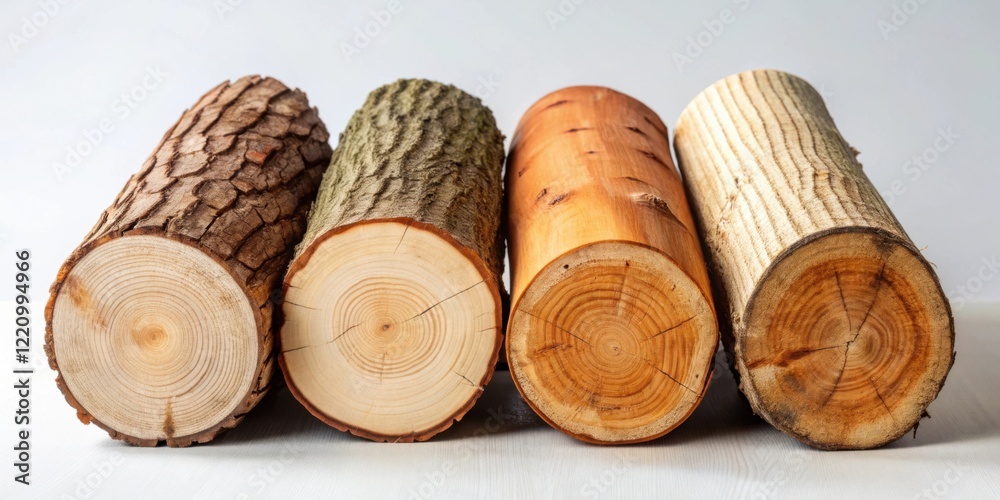 Four Sawn Logs Displaying Diverse Wood Textures and Grain Patterns on a White Surface Four Sawn Logs Displaying Diverse Wood Textures and Grain Patterns on a White Surface