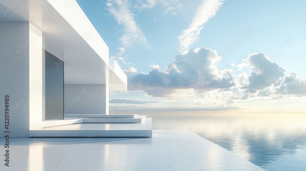 This 3D render features a futuristic scenario with copy space, blue sky, and clouds, as well as a surreal white minimalist architecture background with geometric shapes and abstract wonderful This 3D render features a futuristic scenario with copy space, blue sky, and clouds, as well as a surreal white minimalist architecture background with geometric shapes and abstract wonderful