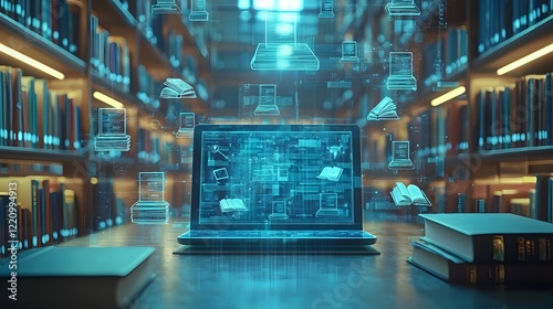 Sleek Tablet Surrounded by Glowing Holograms in Dimly Lit Academic Library