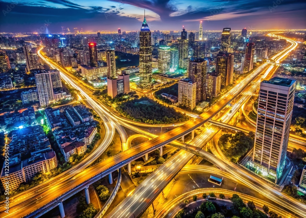 Fototapeta premium Night Aerial View: Illuminated Capital City Skyline, Urban Development, Cityscape at Night