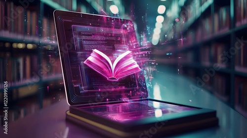 Futuristic Tablet Interface with Holographic Book Visuals in Professional Library